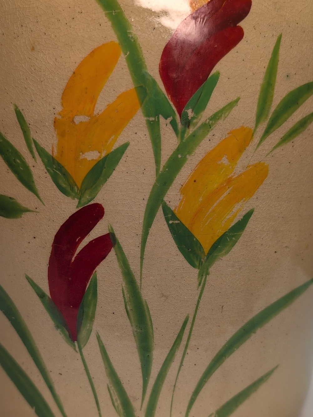 vintage 1930s Ransburg Hand-Painted stoneware cookie jar w/ Red & Yellow floral - Picture 6 of 14